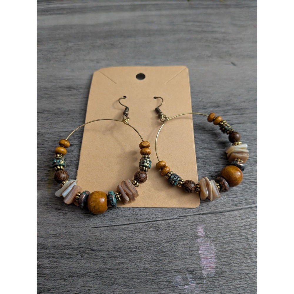 Boho Beaded Hoop Earrings Wood Shell Brass Tone Earthy Festival Jewelry